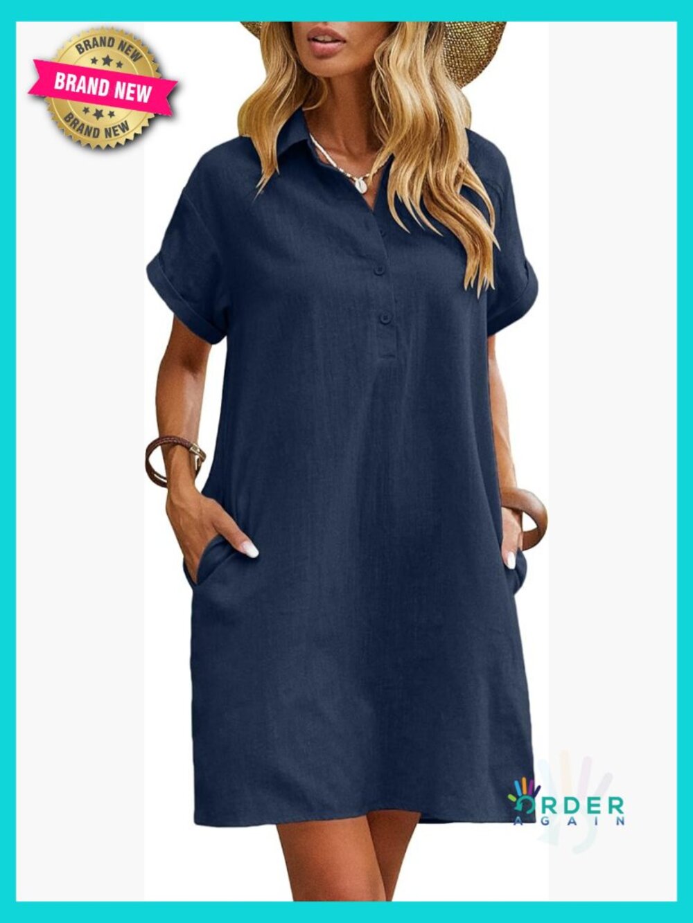 Cotton Shirt Dress Casual Short Sleeve Button Down Beach Cover Up with Pockets